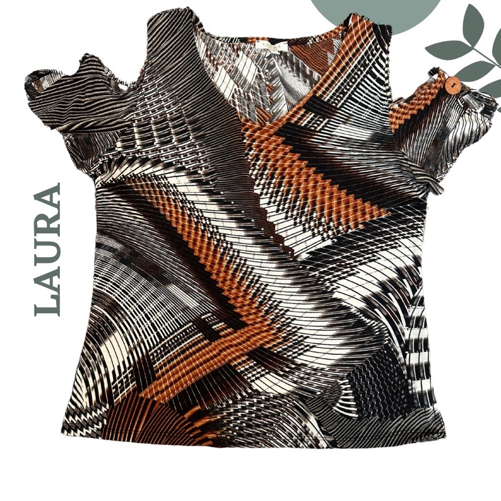 Laura Women's Abstract Print Top Cold Shoulder Black, White Brown Size Medium